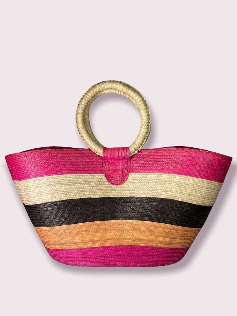 Striped Pink Straw Tote Bag with Woven Ring Handle Large